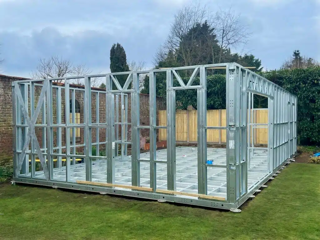 steel frame garden room being built